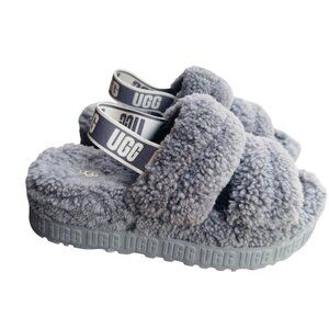 UGG Oh Fluffita Sheepskin Platform Slippers  Women's Size 10 Gray Double Strap